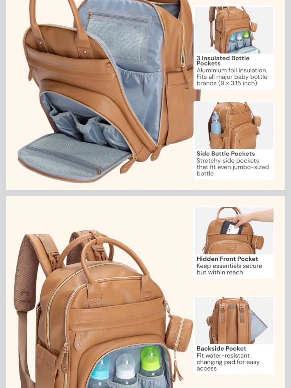 BabbleRoo Vegan Tan Leather Diaper Bag Backpack - Baby - Picture 5 of 5